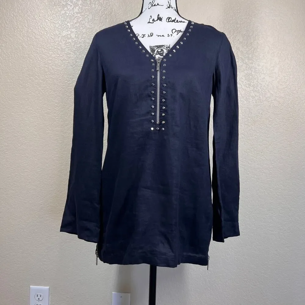 Michael Kors 100% Linen Black Shirt Studded zip Top Blouse Sz Small